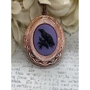 Rose Gold Brass Raven Purple Black Crow Locket Necklace Pendant Gothic Wedding